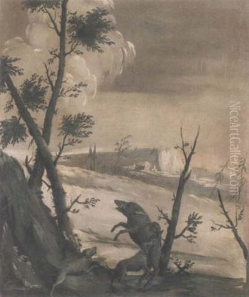 An Extensive Landscape With Dogs Attacking A Wild Boar Oil Painting by Jean-Baptiste Pillement