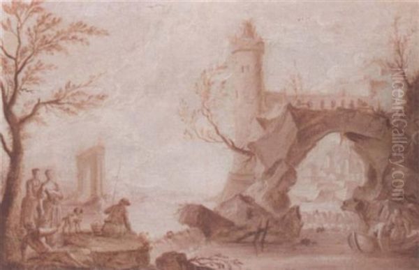 Anglers And Fishermen By A Weir, A Natural Arch And A Tower Beyond Oil Painting by Jean-Baptiste Pillement