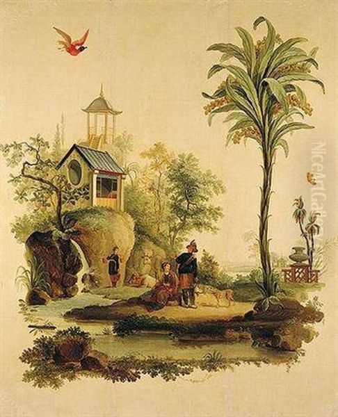 An Oriental Landscape With A Huntsman, Milkmaid And Other Figures By A River, A Pagoda Beyond Oil Painting by Jean-Baptiste Pillement