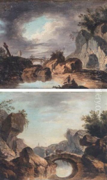 A River Landscape With Cattle Being Driven Over A Bridge Oil Painting by Jean-Baptiste Pillement