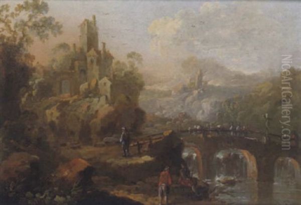 Gebirgige Fluslandschaft Mit Einer Steinernen Bogenbrucke, Hausern Und Reisenden Oil Painting by Jean-Baptiste Pillement