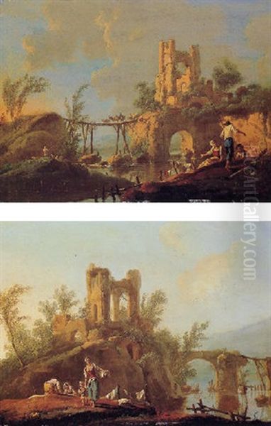Peasants Fishing And Laundering By The Banks Of A River, Ruined Castles Beyond Oil Painting by Jean-Baptiste Pillement