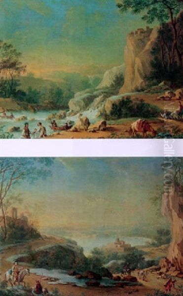 A Capriccio Landscape With Figures On A Path In The Foreground Oil Painting by Jean-Baptiste Pillement