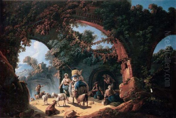 A Landscape With Drovers And Sheep Sheltering Among Ruins Oil Painting by Jean-Baptiste Pillement