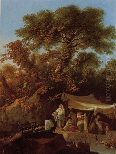 Washerwomen Beside A River In A Wooded Landscape Oil Painting by Jean-Baptiste Pillement