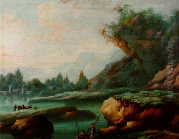 Angler Am Gebirgsbach Oil Painting by Jean-Baptiste Pillement