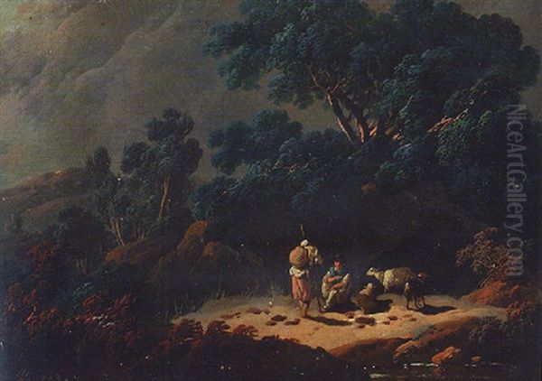 Shepherds In A Rocky Landscape Oil Painting by Jean-Baptiste Pillement