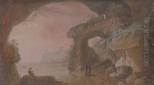 A Coastal Landscape At Sunset, With Travellers Walking Along A Path Oil Painting by Jean-Baptiste Pillement