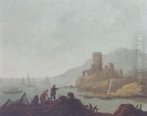 A Coastal Scene With Fishermen On A Rocky Outcrop, A Ruined Castle Beyond Oil Painting by Jean-Baptiste Pillement