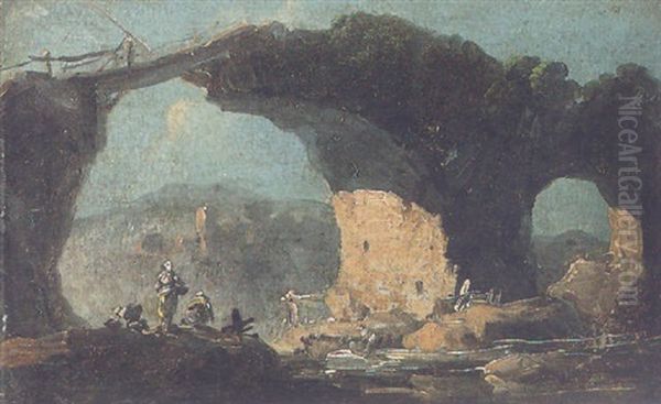 Washerwomen At A River Beneath A Stone Bridge Oil Painting by Jean-Baptiste Pillement
