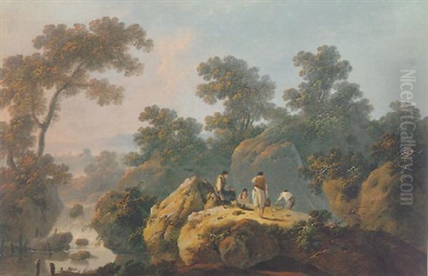 A Rocky River Landscape With Figures Resting Oil Painting by Jean-Baptiste Pillement