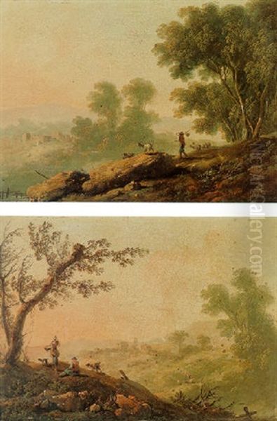 Peasants And Goats In A Hilly Landscape Oil Painting by Jean-Baptiste Pillement