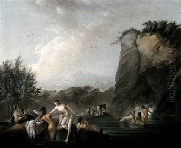 A Rocky River Landscape With Female Figures Bathing In A Pool Oil Painting by Jean-Baptiste Pillement