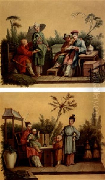 Oriental Figures Reading And Conversing In A Garden Oil Painting by Jean-Baptiste Pillement