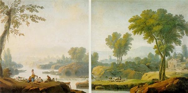 A River Landscape With Women Washing Their Laundry By A Waterfall Oil Painting by Jean-Baptiste Pillement