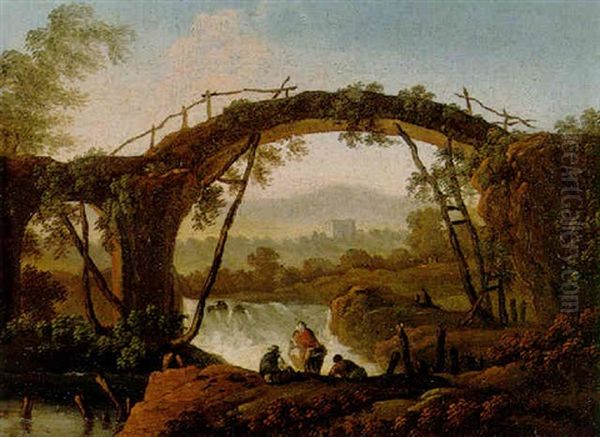 A River Landscape With A Rustic Bridge And A Group Of Figures Including A Washerwoman Before A Waterfall Oil Painting by Jean-Baptiste Pillement
