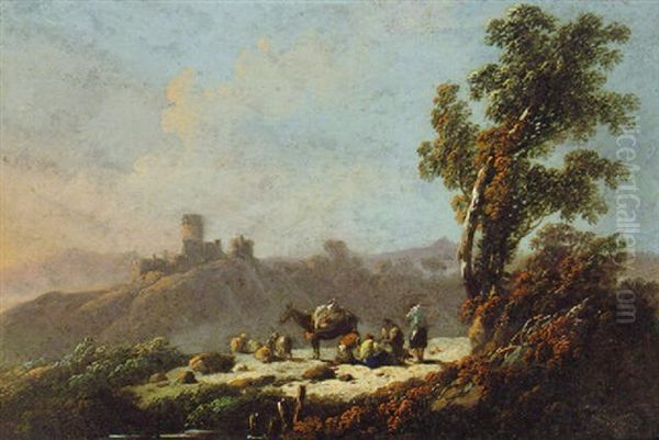 A Mountainous Landscape With Travellers Resting, A Castle Beyond Oil Painting by Jean-Baptiste Pillement