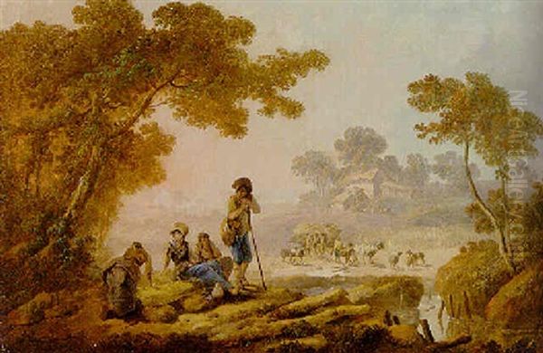 Les Moissonneurs: A Landscape With Harvesters Oil Painting by Jean-Baptiste Pillement