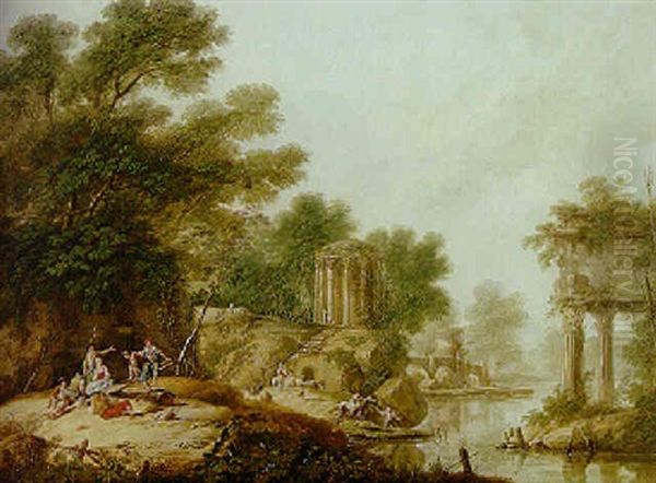 A River Landscape With Peasants Resting By A Bank, Classical Ruins Beyond Oil Painting by Jean-Baptiste Pillement