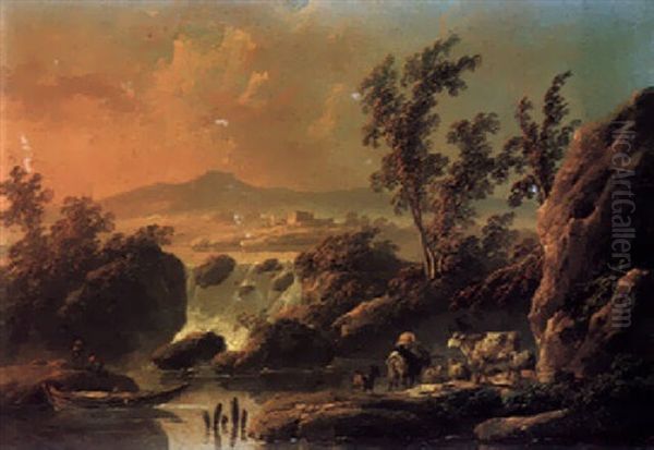 An Italianate River Landscape At Dusk With A Herder And A Waterfall Beyond Oil Painting by Jean-Baptiste Pillement