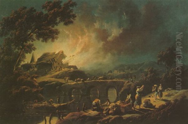 A River Landscape At Night With Peasants Evacuating A Burning Village Oil Painting by Jean-Baptiste Pillement