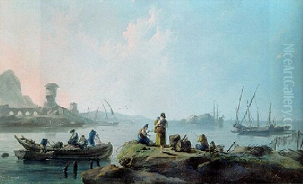 A View Of The River Tagus With Fishermen Pulling In Their Nets Oil Painting by Jean-Baptiste Pillement