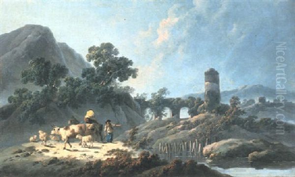 Rocky Landscape At Dawn With A Herdsman Oil Painting by Jean-Baptiste Pillement