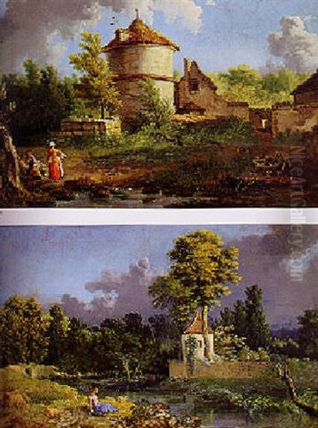 Figures By A Brook With A Dovecote And Other Buildings In The Distance Oil Painting by Jean-Baptiste Pillement