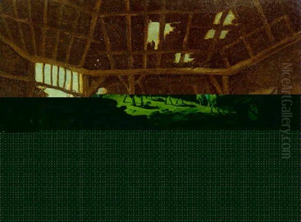 The Interior Of A Barn With A Peasant Family And Animals Oil Painting by Jean-Baptiste Pillement