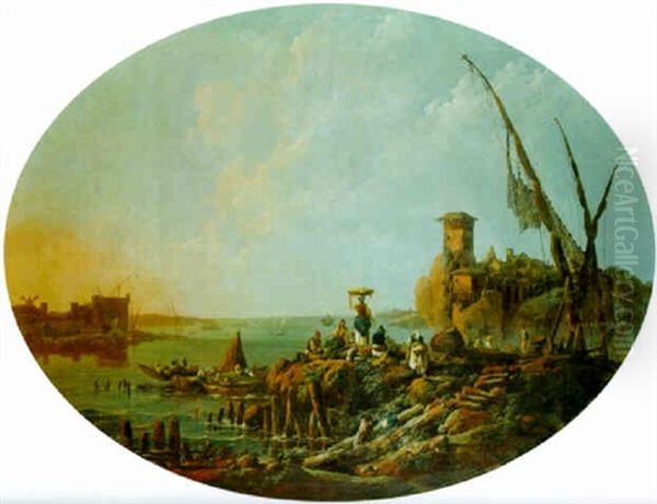 The Mouth Of The River Tagus At Dawn With Fisherfolk Oil Painting by Jean-Baptiste Pillement