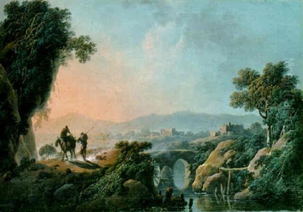 A River Landscape At Sunset With Travelers On A Rocky Path Oil Painting by Jean-Baptiste Pillement
