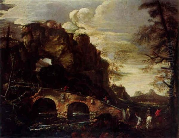 Paysans Sous Une Passerelle En Bois Oil Painting by Jean-Baptiste Pillement