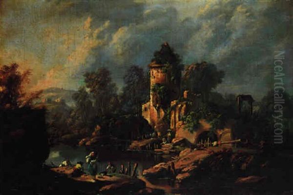 Paysans Portugais Au Bord D'un Lac Oil Painting by Jean-Baptiste Pillement