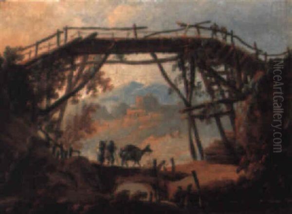 Peasants With A Donkey On A Ridge Oil Painting by Jean-Baptiste Pillement