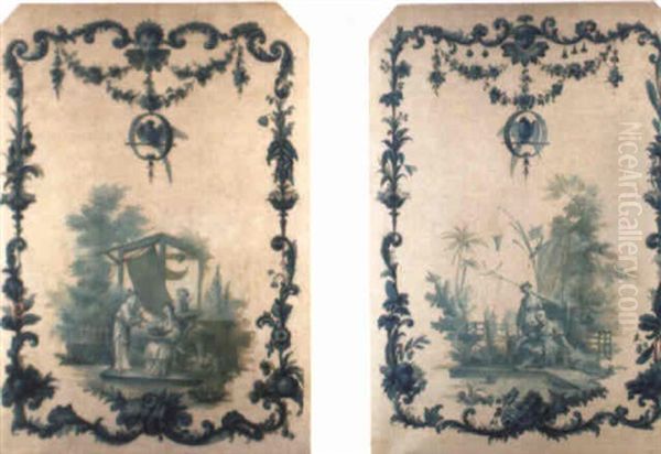 Chinese Women And A Child By A River Oil Painting by Jean-Baptiste Pillement