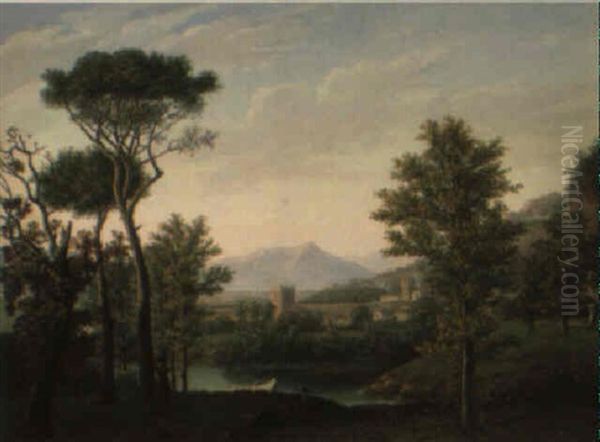Landscape In The Roman Campagna, With A Shepherd Resting In The Foreground Oil Painting by Jean-Baptiste Pillement