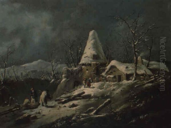 Paysage De Neige Avec Des Paysans Oil Painting by Jean-Baptiste Pillement