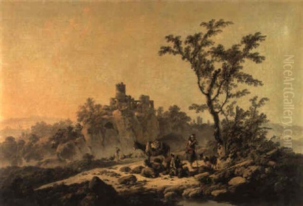 Paysage Avec Des Bergers Discutant Pres D'un Etang Et Des Ruines Oil Painting by Jean-Baptiste Pillement