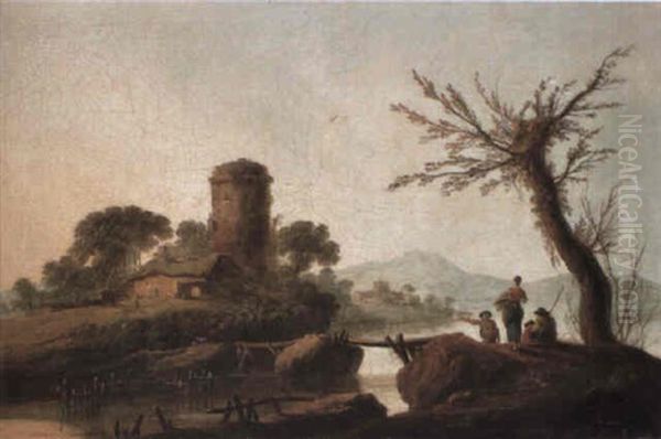 Italianate River Landscape With Figures Oil Painting by Jean-Baptiste Pillement