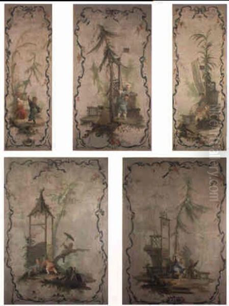 Les Jeux De Jeunes Enfants Chinois Dans Un Encadrement De Ruban Bleu Oil Painting by Jean-Baptiste Pillement