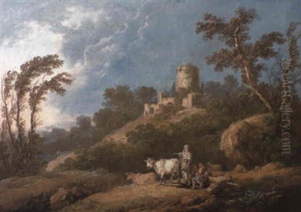 A Wooded, Hilly Landscape With Peasants And Farm Animals Oil Painting by Jean-Baptiste Pillement