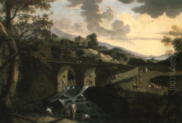 A Landscape With Labourers Repairing A Weir By A Bridge Oil Painting by Jean-Baptiste Pillement