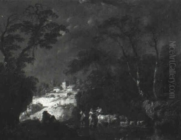 Landscape With Shepherds And Animals Fording A Stream Oil Painting by Jean-Baptiste Pillement
