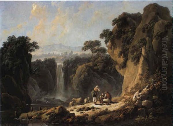 Rocky Landscape With Waterfall And Shepherds Oil Painting by Jean-Baptiste Pillement