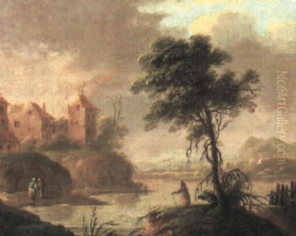 River Landscape With A Village Oil Painting by Jean-Baptiste Pillement