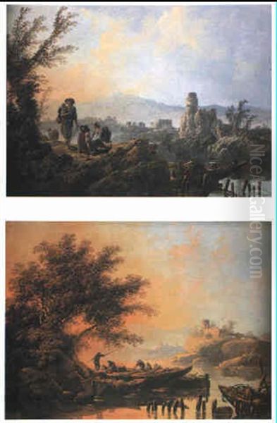 Morning: A River Landscape With A Shepherd And Shepherdess Oil Painting by Jean-Baptiste Pillement