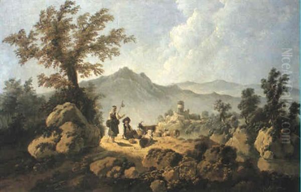 Rocky, River Landscape With A Peasant Girl And A Shepherd Boy Oil Painting by Jean-Baptiste Pillement