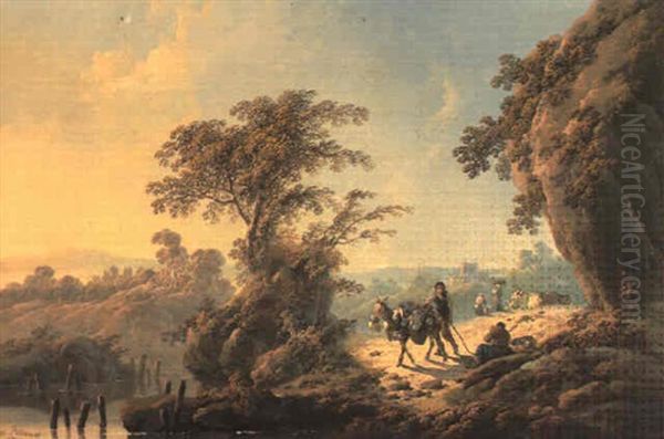 Paysage Avec Des Rochers Au Coucher Du Soleil, Et Des       Paysans Pres D'une Riviere Oil Painting by Jean-Baptiste Pillement