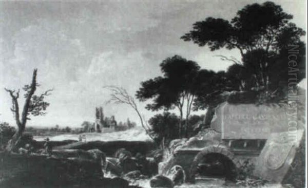 An Extensive River Landscape With A Ruined Bridge Oil Painting by Jean-Baptiste Pillement