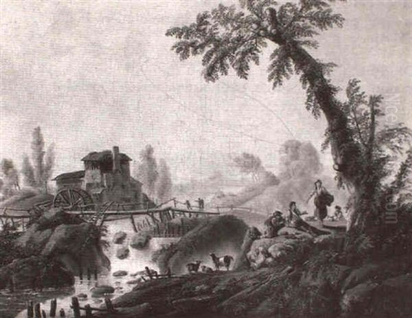 Paysage Au Moulin Et Pont De Bois Oil Painting by Jean-Baptiste Pillement